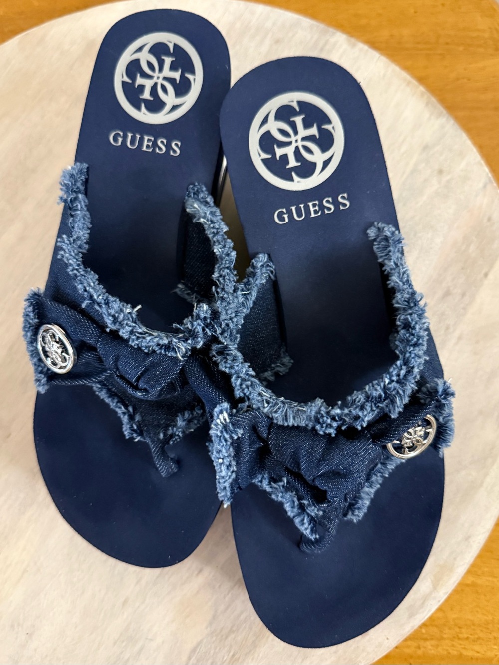 Guess Navy Frayed Denim Bow Slide Sandals with Logo Medallions